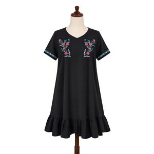 Entro Black Embroidered Boho Floral Ruffle Hem Mini Shift Dress Womens Medium
